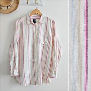 GAP Linen Blend Striped Button Down Shirt L Pink Tan Blue Lightweight